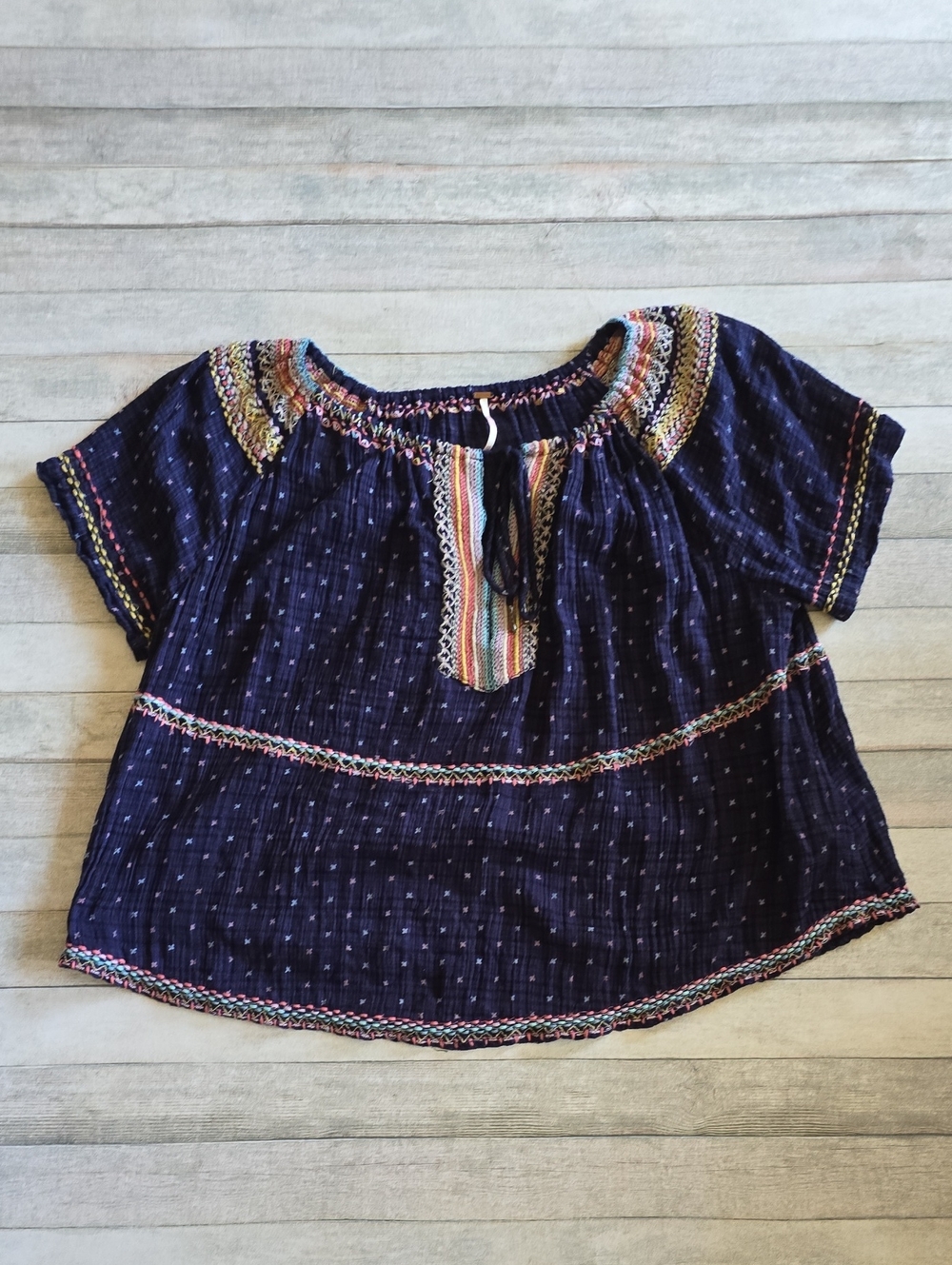 Free People Talia Boho Navy Embroidered Peasant Top with Multicolor Trim Size Xs